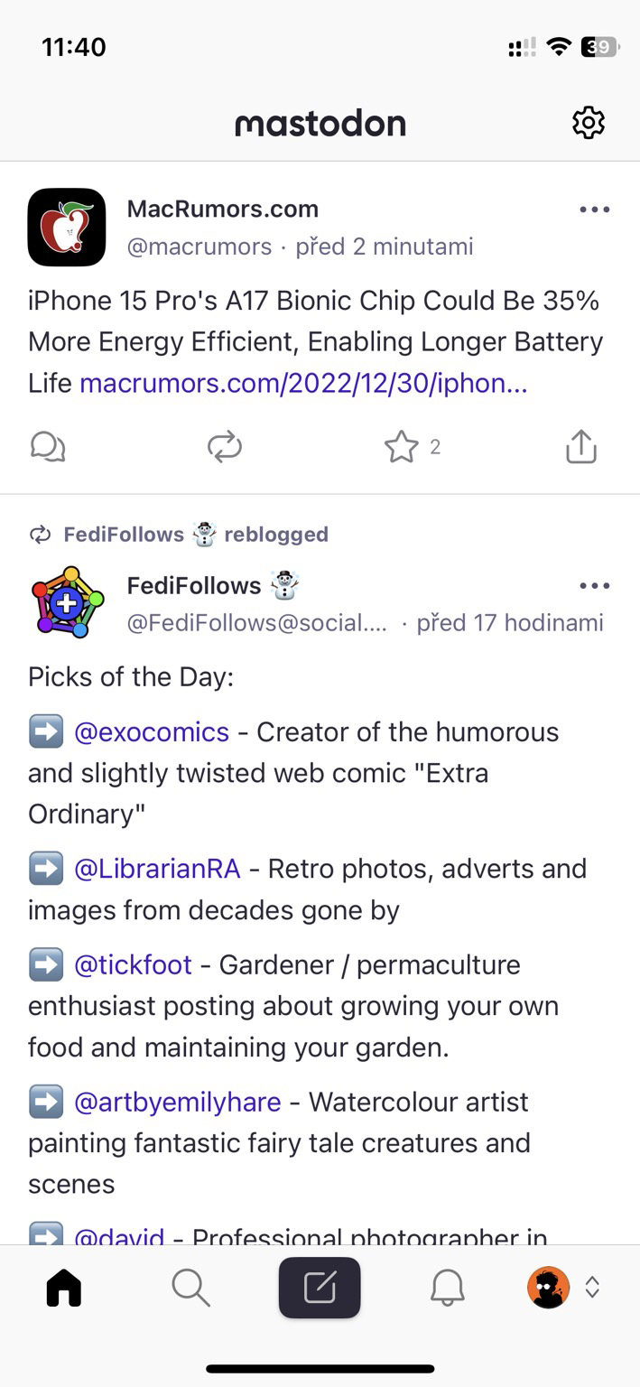 Snímek obrazovky aplikace Mastodon