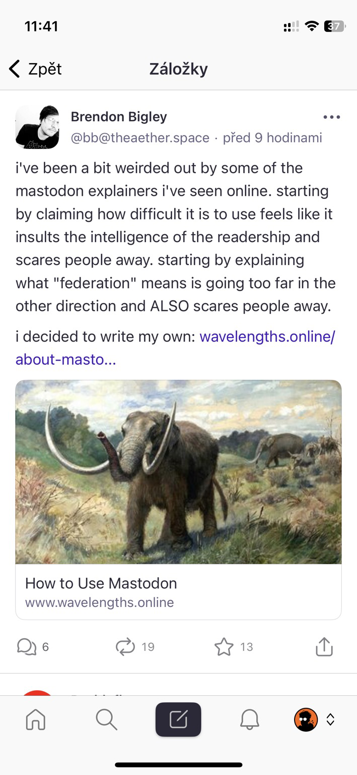 Snímek obrazovky aplikace Mastodon