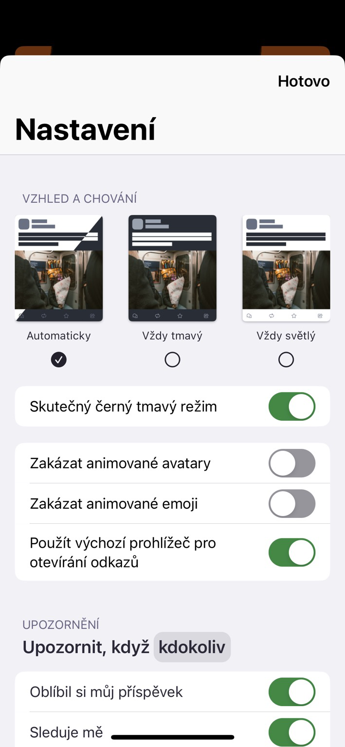 Snímek obrazovky aplikace Mastodon