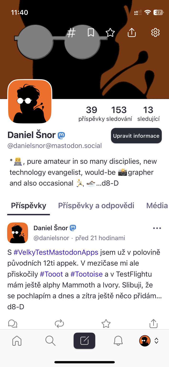 Snímek obrazovky aplikace Mastodon