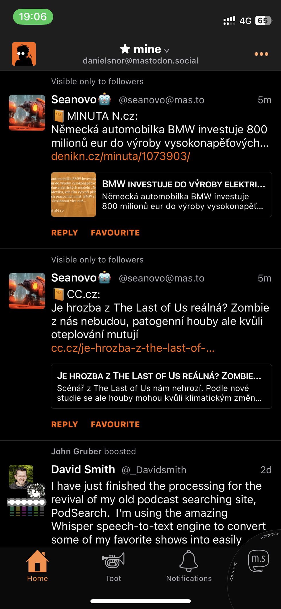 Snímek obrazovky aplikace Toot!